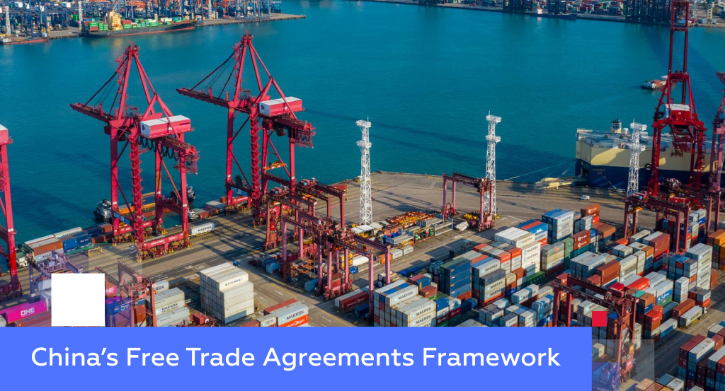 Aerial view of a Chinese container port with red gantry cranes — illustrating China’s Free Trade Agreements framework