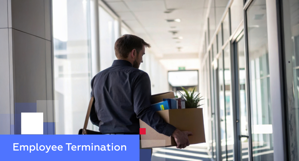 Man carrying a cardboard box of belongings down an office corridor — illustrating employee termination in China