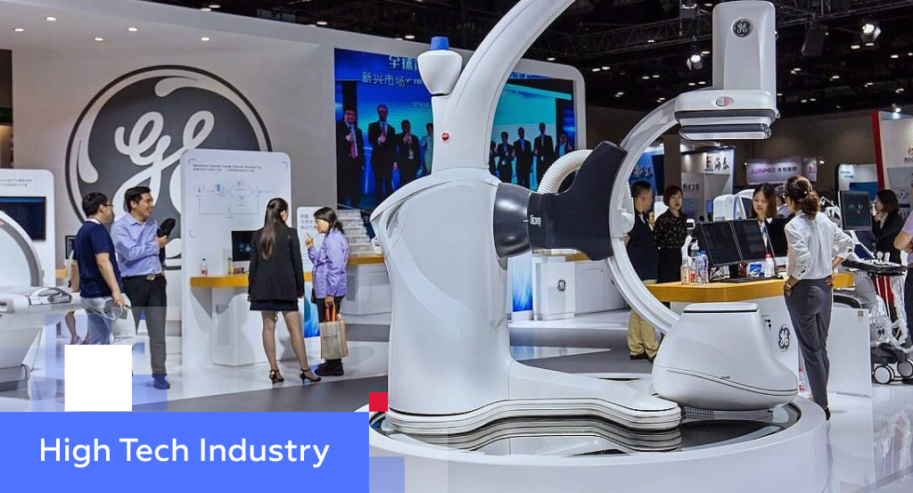 GE Healthcare booth with medical-imaging equipment at a Chinese trade fair — illustrating the high-tech industry in China
